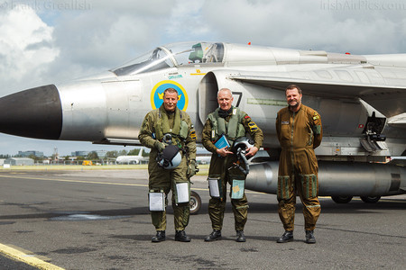 SwAFHF pilots Stellan Andersson and Per Weilander, along with technician Hakan Andersson, pose in front of the Viggen