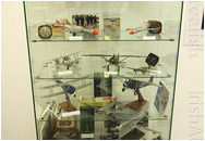 Display case with various artefacts and models